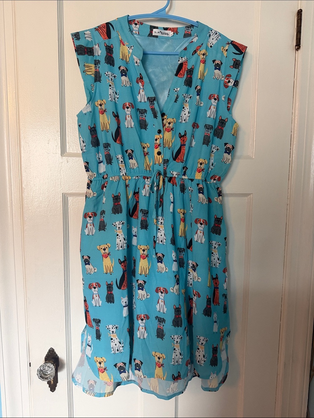 La Soul Blue Dog-Print Dress with Drawstring Waist